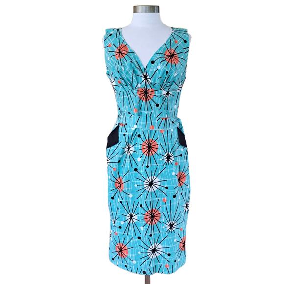 Victory Parade Bettie's Bombshells Atomic Sunburst Print Retro Sheath Dress Aqua - Picture 1 of 9